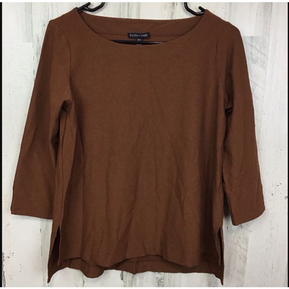 Eileen Fisher XS Nutmeg 3/4 Sleeve Crepe Ballet Neck Top NEW Casual Blouse Brown